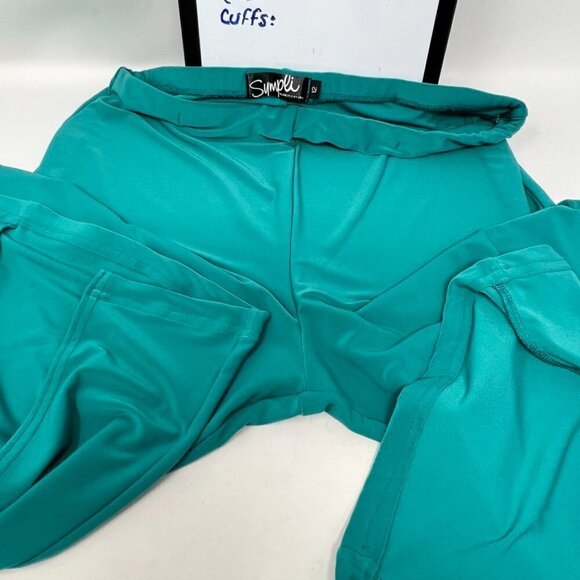 Sympli Teal High Rise Pull On Knit Scalloped Cross Over Wide Leg Pants Size 12 - Picture 10 of 13